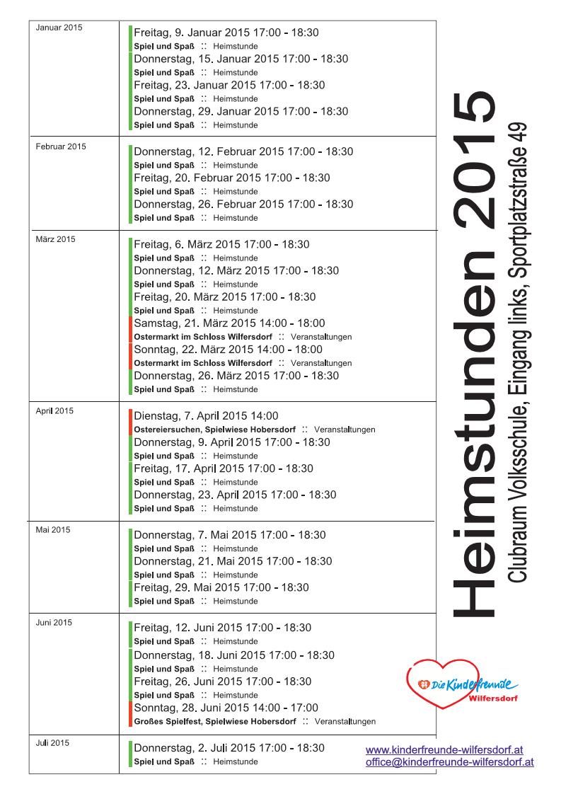 Heimstundenplan 2015 Kinderfreunde Wilfersdorf